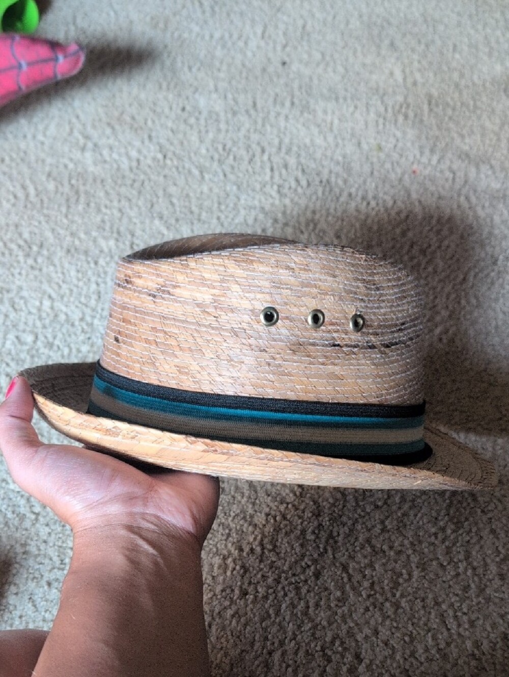 Striped Band Straw Fedora Hat - Natural with Blue Accent - Picture 5 of 7